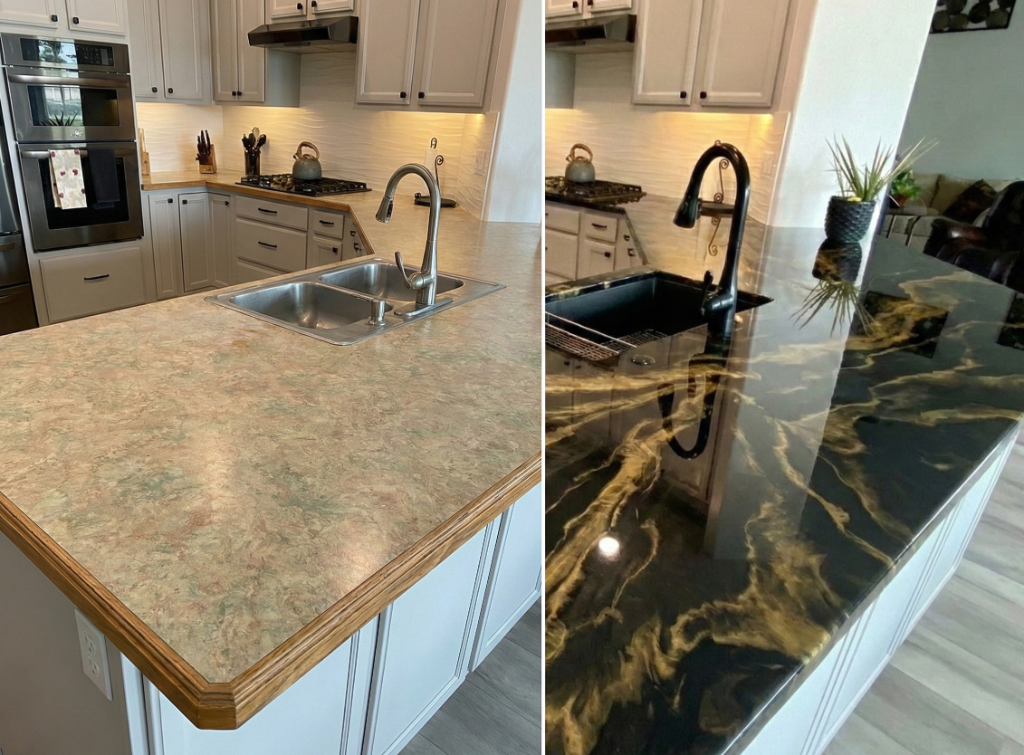 Kitchen island countertop before and after — laminate to black and gold resin transformation Houston TX