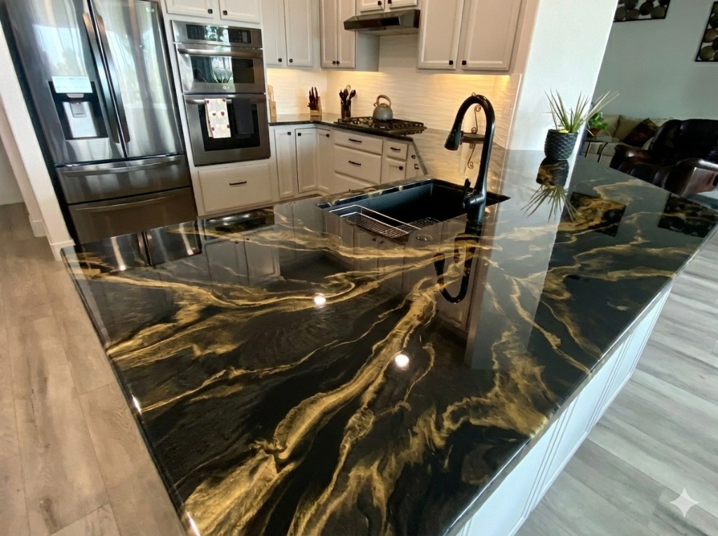 Black and gold resin countertop transformation Houston TX